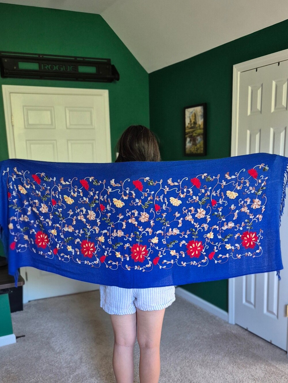 Mexican Blue Floral Embroidered Wrap Scarf Shawl